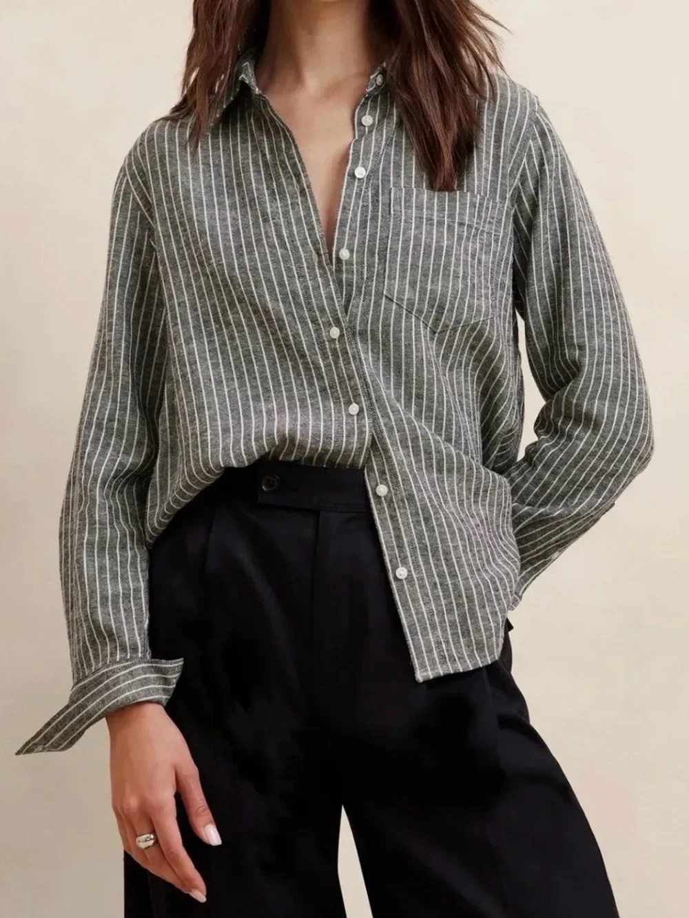 Banana Republic Linen Blend Vertical Stripe Button-Down Long Shirt Size XXS